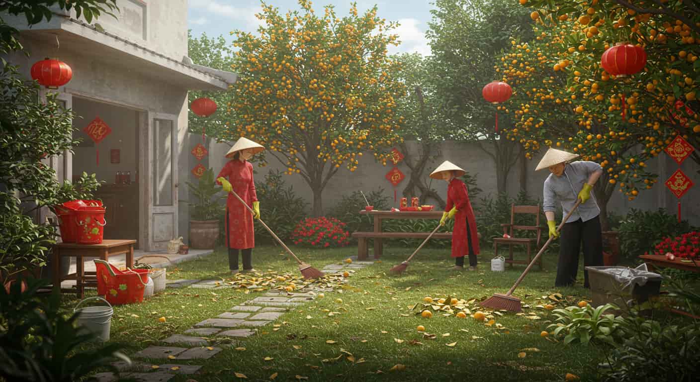 Vệ sinh sân vườn trước Tết: Chuẩn bị đón Tết Nguyên Đán trọn vẹn tại Ninh Bình