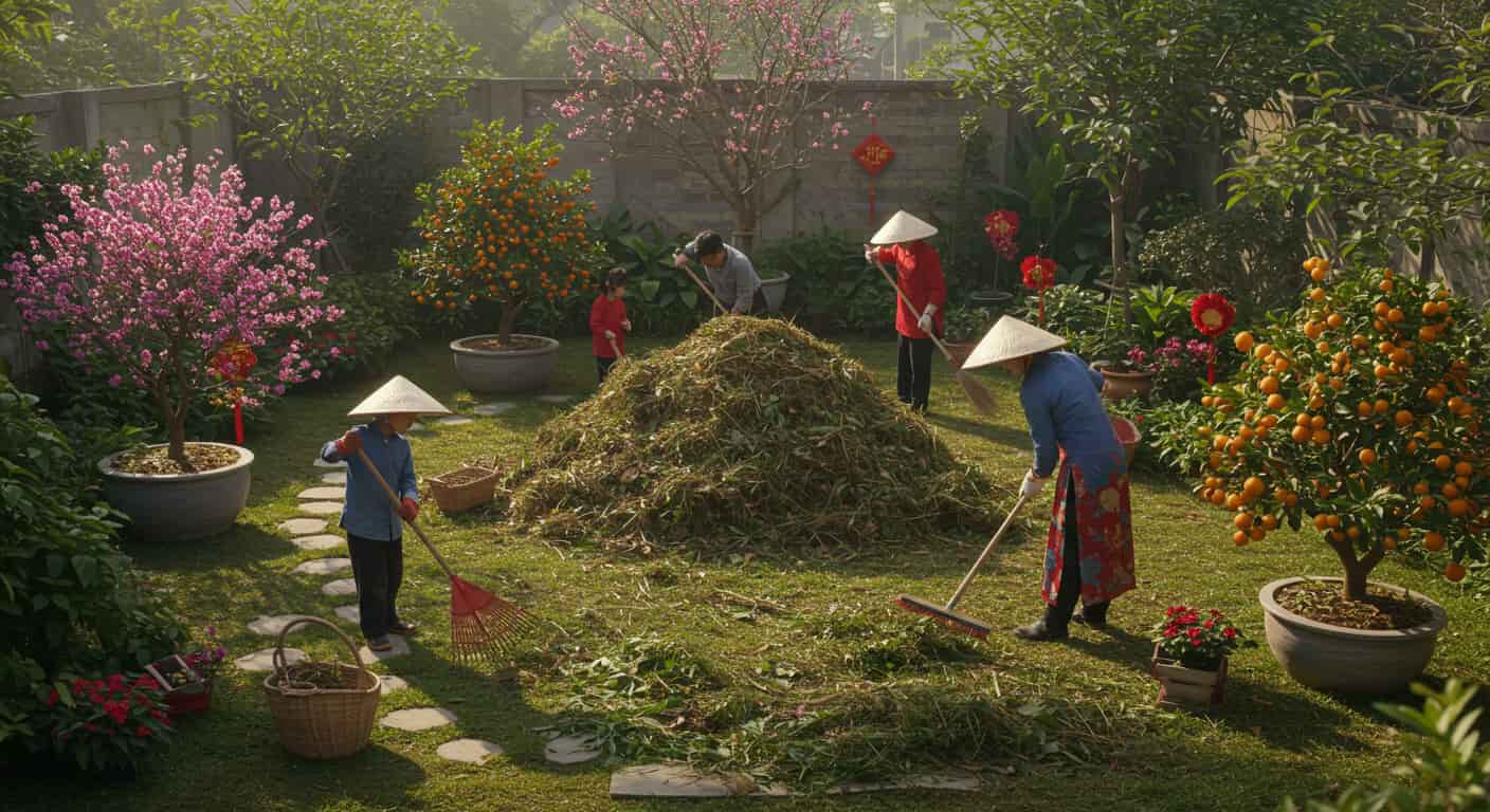 Làm sạch sân vườn trước Tết: Xóa bỏ cỏ dại, lá khô đón mùa xuân tươi mới